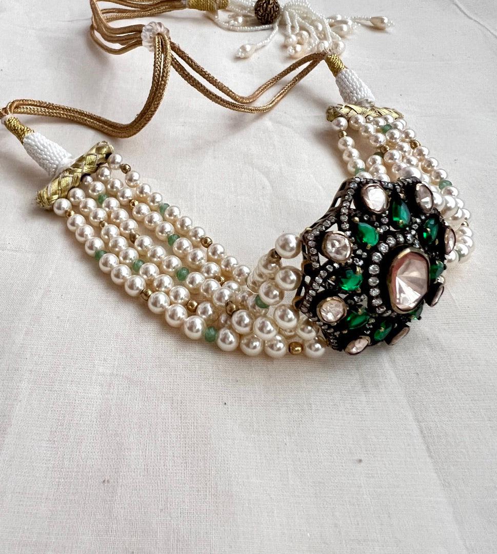 Victorian style pearls choker with moissanite & emerald stones pendant-Silver Neckpiece-CI-House of Taamara