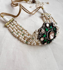 Victorian style pearls choker with moissanite & emerald stones pendant-Silver Neckpiece-CI-House of Taamara