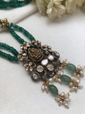 Victorian style uncut and zircon Laxmi pendant with green & antique style beads-Silver Neckpiece-PL-House of Taamara