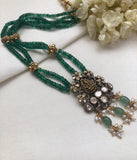 Victorian style uncut and zircon Laxmi pendant with green & antique style beads-Silver Neckpiece-PL-House of Taamara