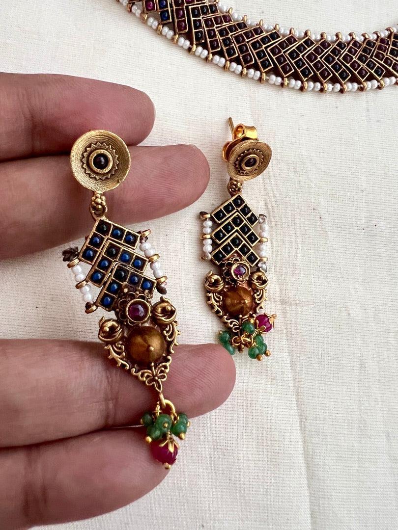 Vintage style gold polish kemp pink and blue choker with pearls, SET-Silver Neckpiece-CI-House of Taamara