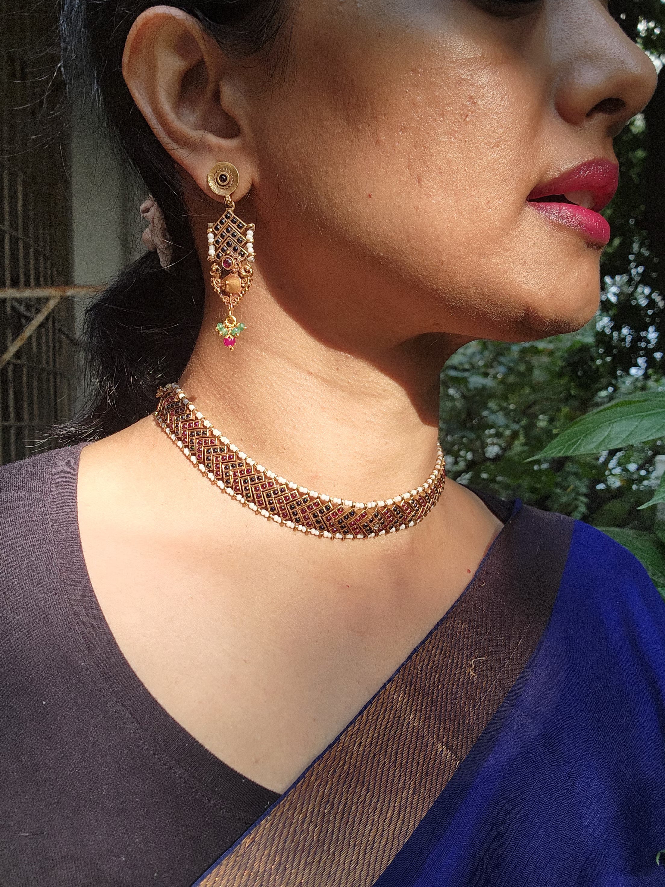 Vintage style gold polish kemp pink and blue choker with pearls, SET-Silver Neckpiece-CI-House of Taamara