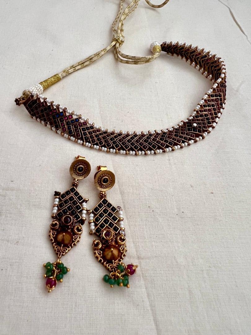 Vintage style gold polish kemp pink and blue choker with pearls, SET-Silver Neckpiece-CI-House of Taamara