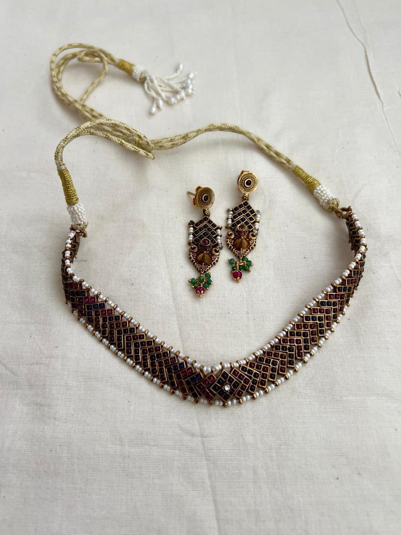 Vintage style gold polish kemp pink and blue choker with pearls, SET-Silver Neckpiece-CI-House of Taamara