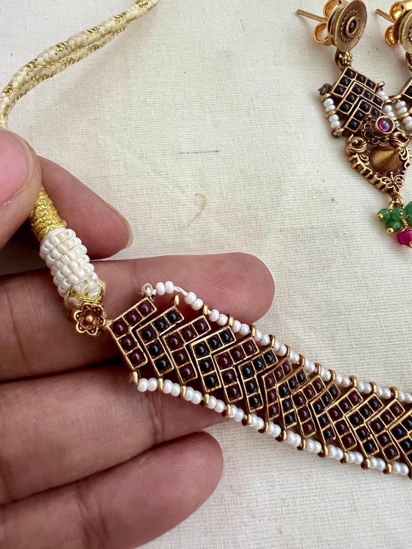 Vintage style gold polish kemp pink and blue choker with pearls, SET-Silver Neckpiece-CI-House of Taamara