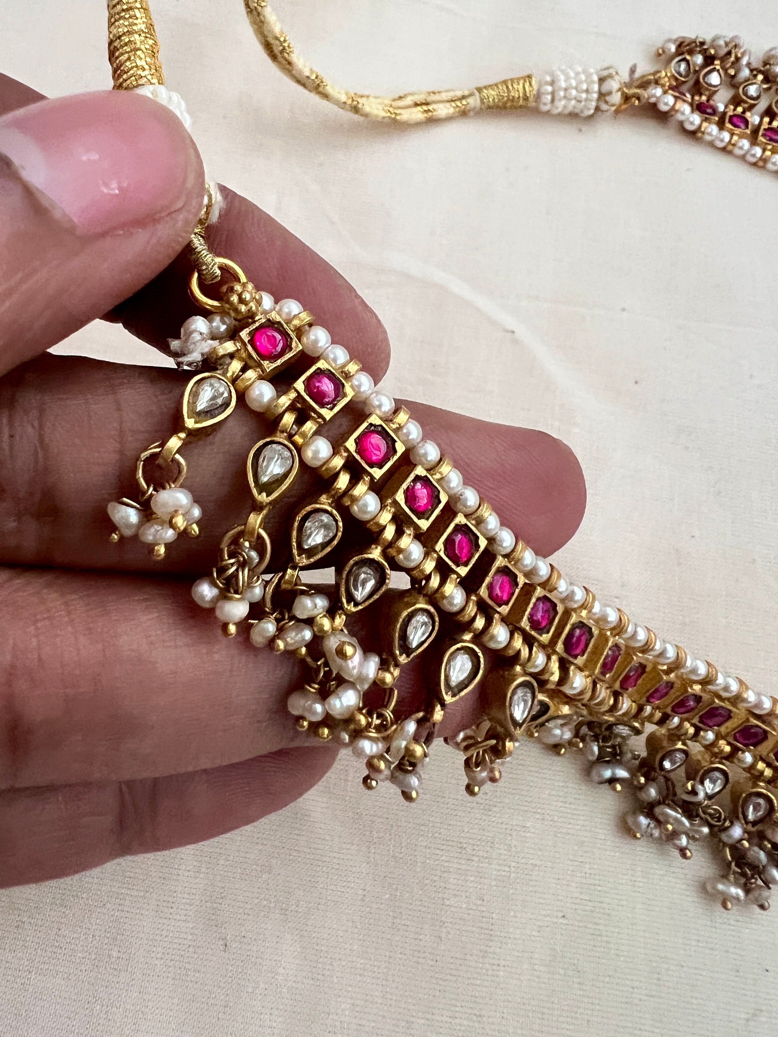 Vintage style gold polish kundan & ruby necklace with pearls-Silver Neckpiece-CI-House of Taamara