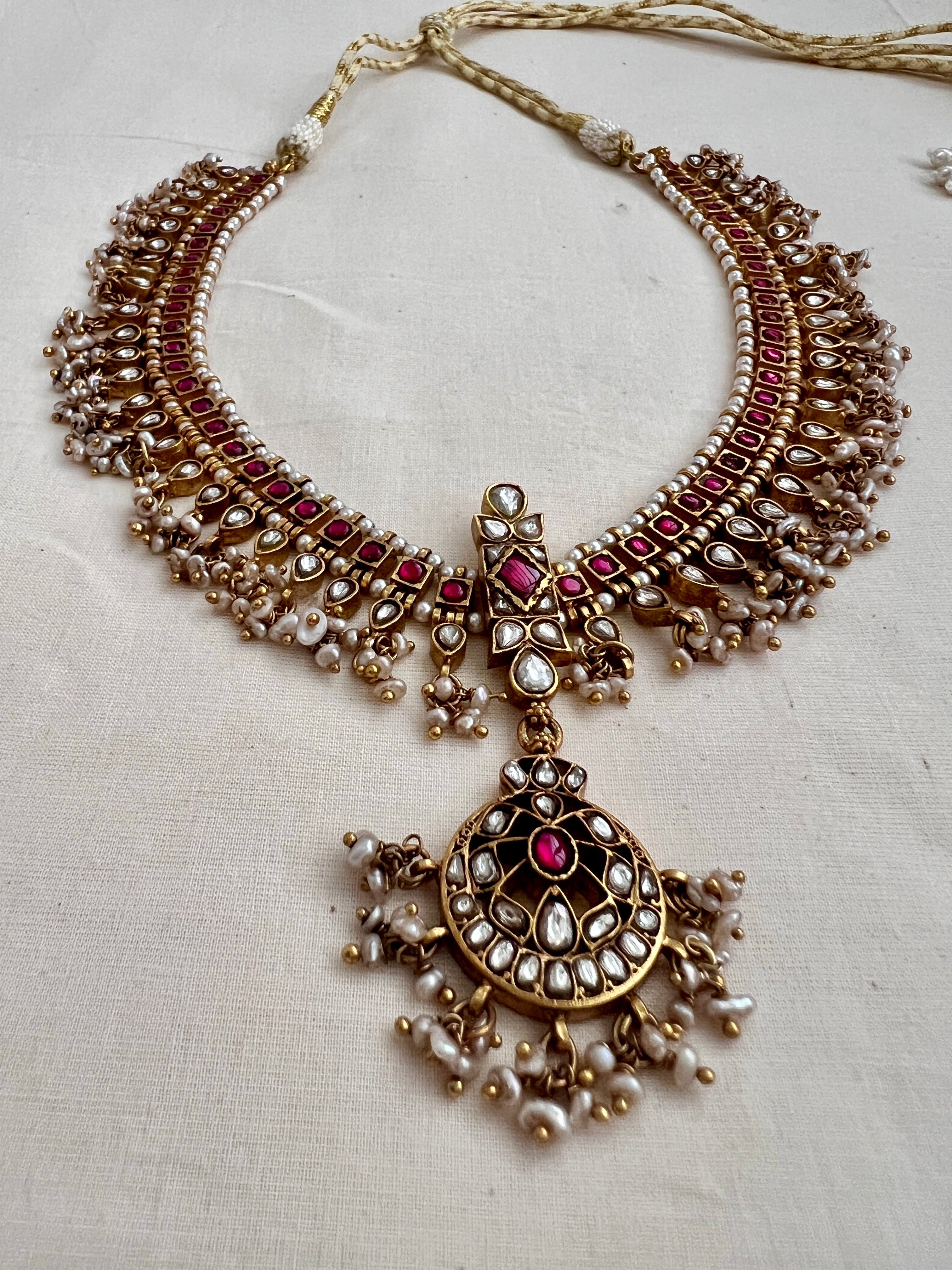 (Made To Order) Vintage style gold polish kundan & ruby necklace with pearls-Silver Neckpiece-CI-House of Taamara