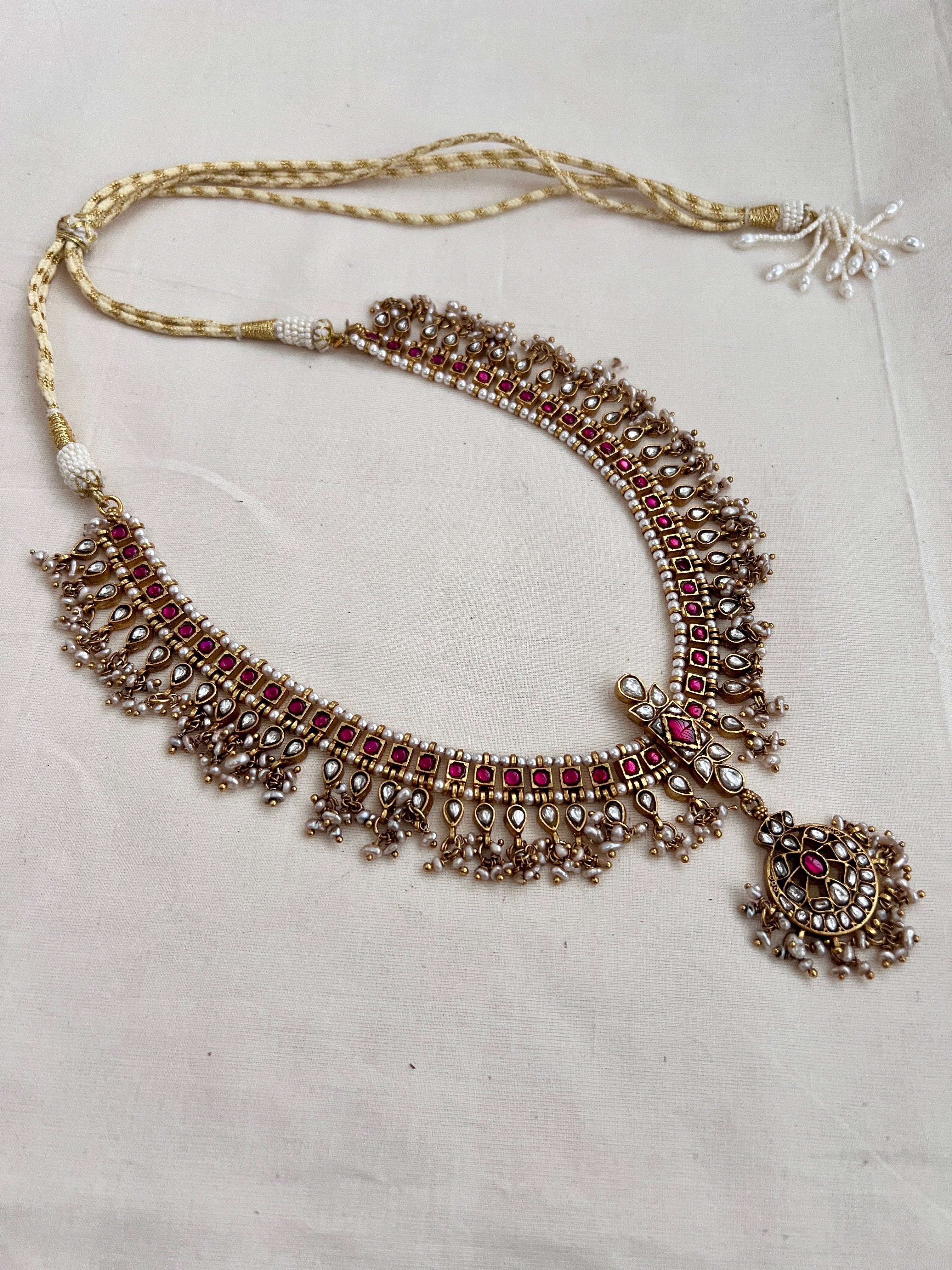 (Made To Order) Vintage style gold polish kundan & ruby necklace with pearls-Silver Neckpiece-CI-House of Taamara