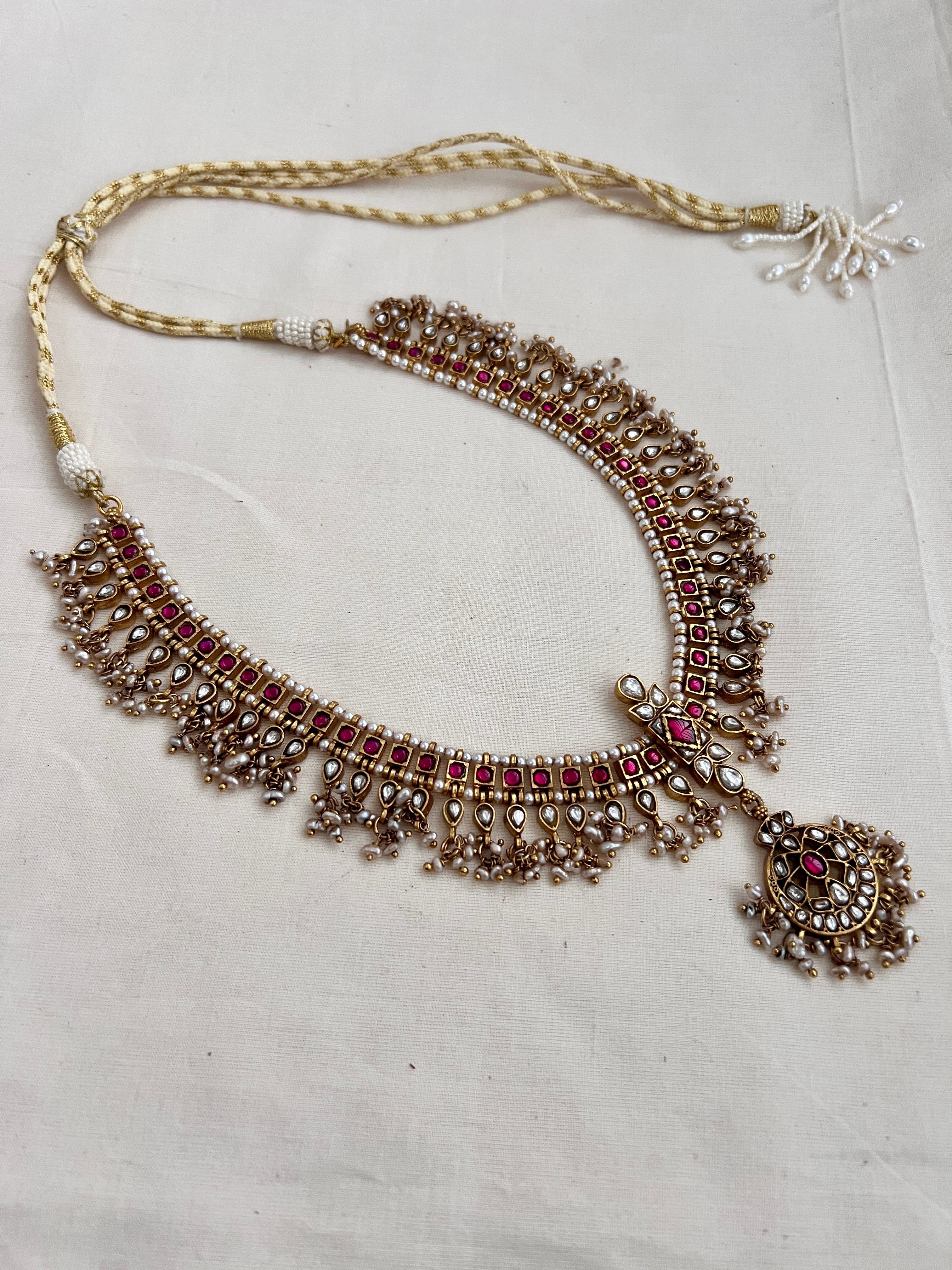 Vintage style gold polish kundan & ruby necklace with pearls-Silver Neckpiece-CI-House of Taamara