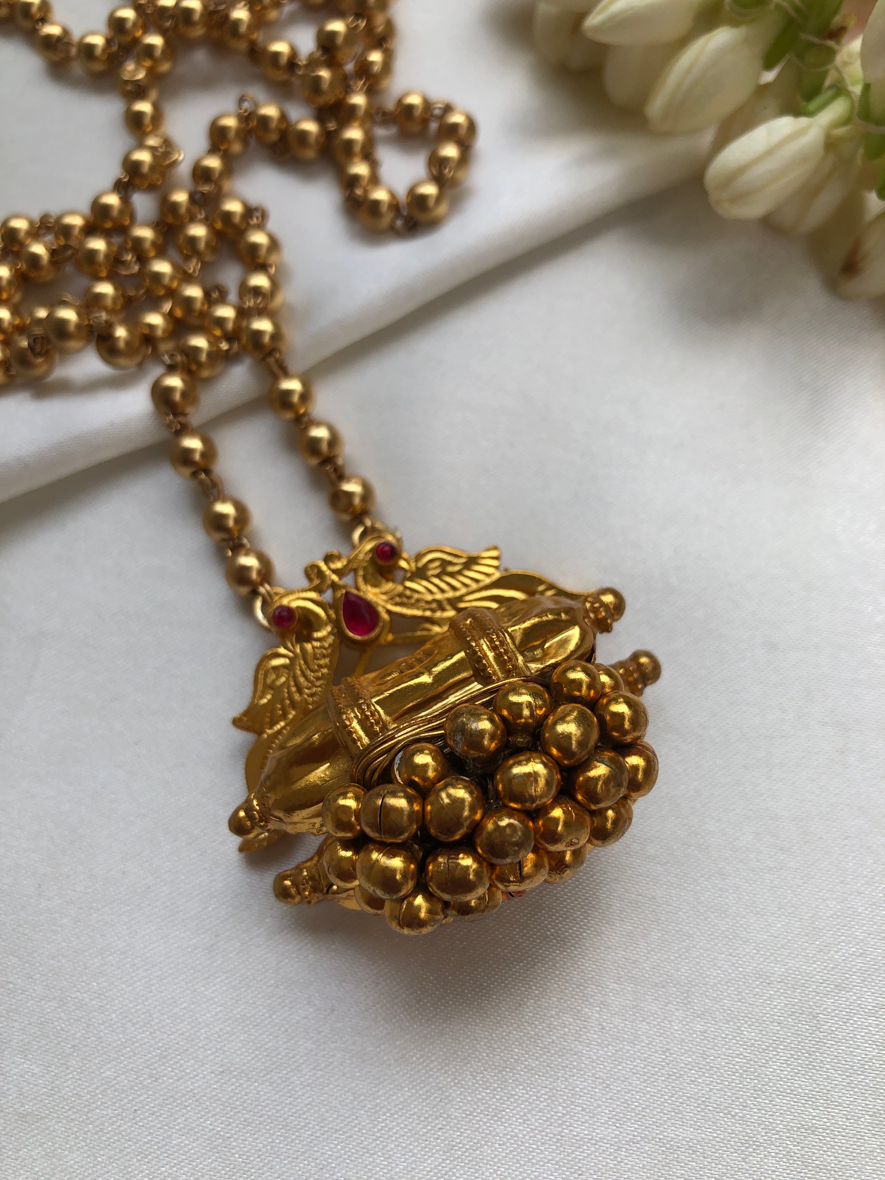 Vintage style gold polish pendant with mohan mala-Silver Neckpiece-PL-House of Taamara