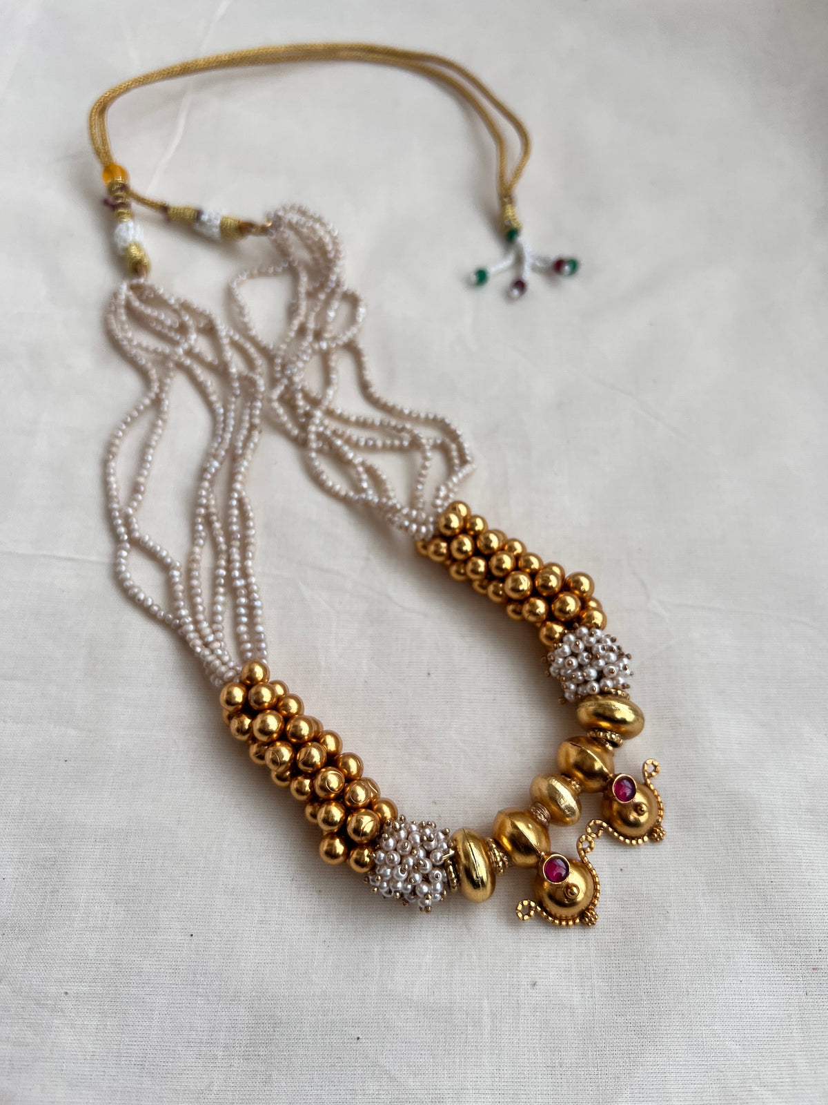 Vintage style gundus with ruby and pearls-Silver Neckpiece-CI-House of Taamara