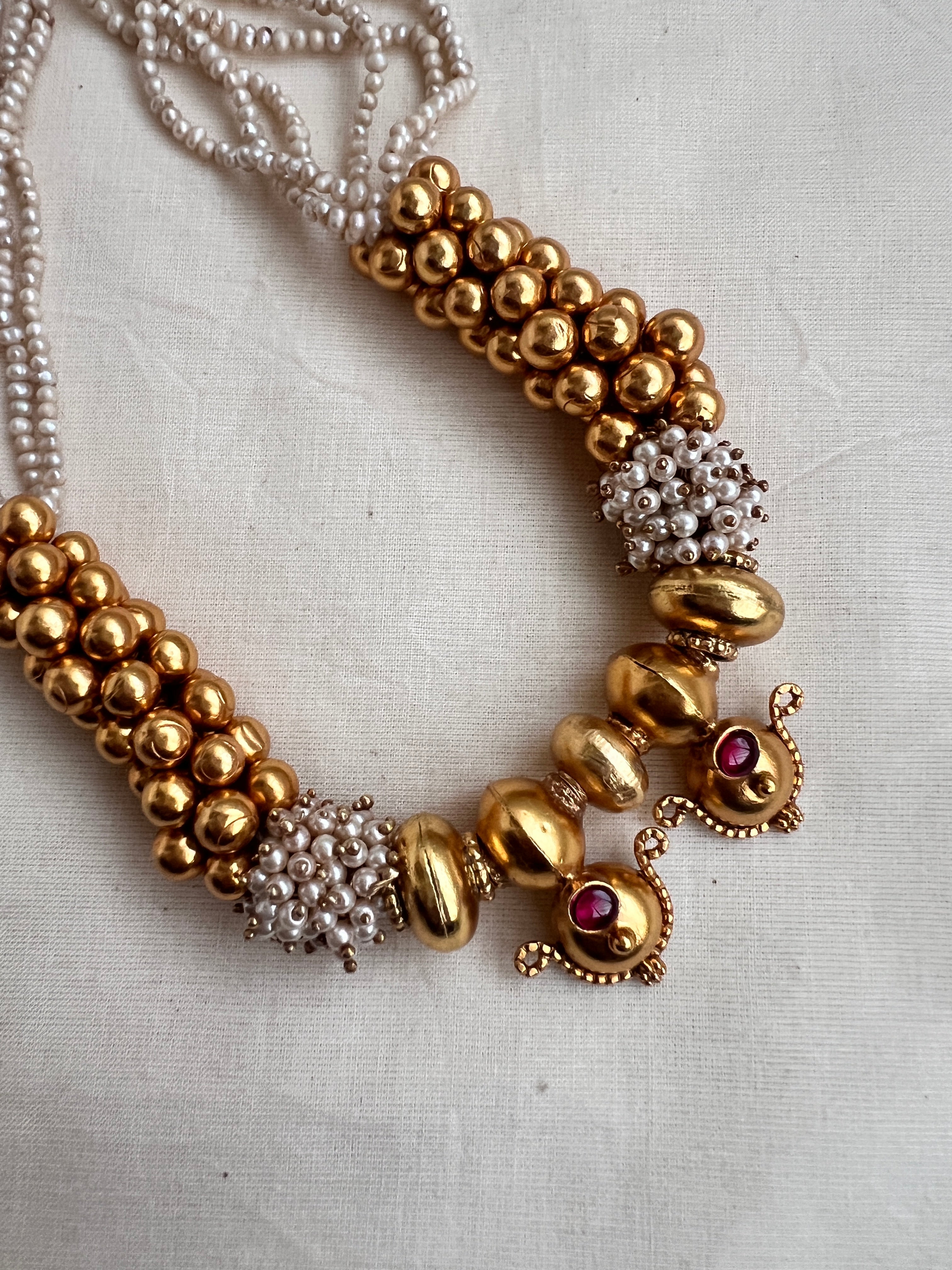 Vintage style gundus with ruby and pearls-Silver Neckpiece-PL-House of Taamara