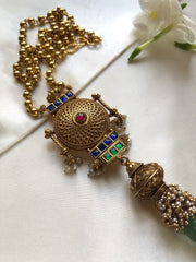 Vintage style kundan & antique bead long pendant with mohan mala-Silver Neckpiece-PL-House of Taamara