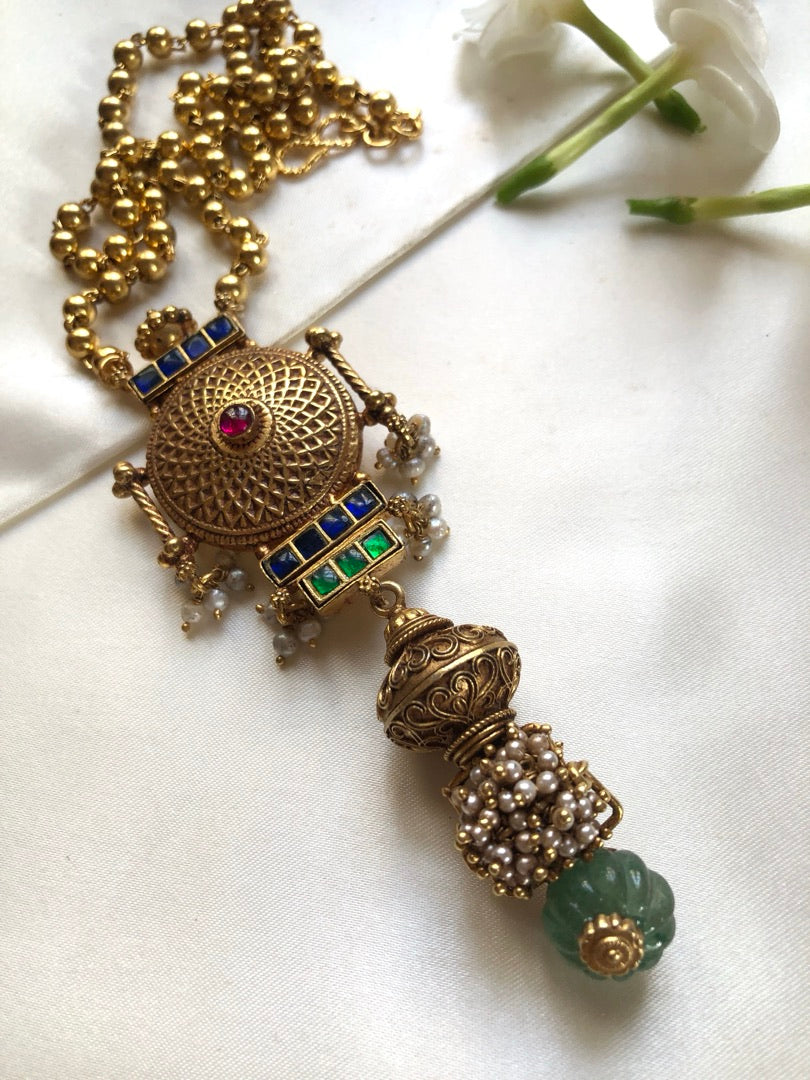 Vintage style kundan & antique bead long pendant with mohan mala-Silver Neckpiece-PL-House of Taamara