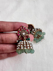 Vintage style kundan & ruby jhumkas with pearls and jade beads-Earrings-CI-House of Taamara