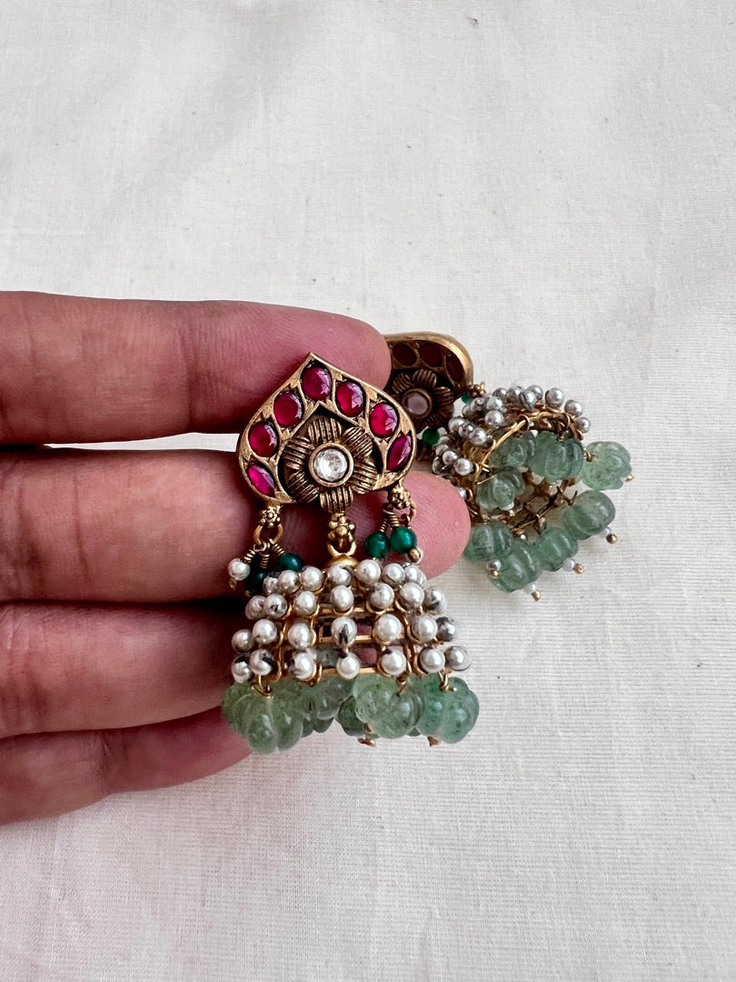 Vintage style kundan & ruby jhumkas with pearls and jade beads-Earrings-CI-House of Taamara