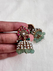 Vintage style kundan & ruby jhumkas with pearls and jade beads-Earrings-CI-House of Taamara