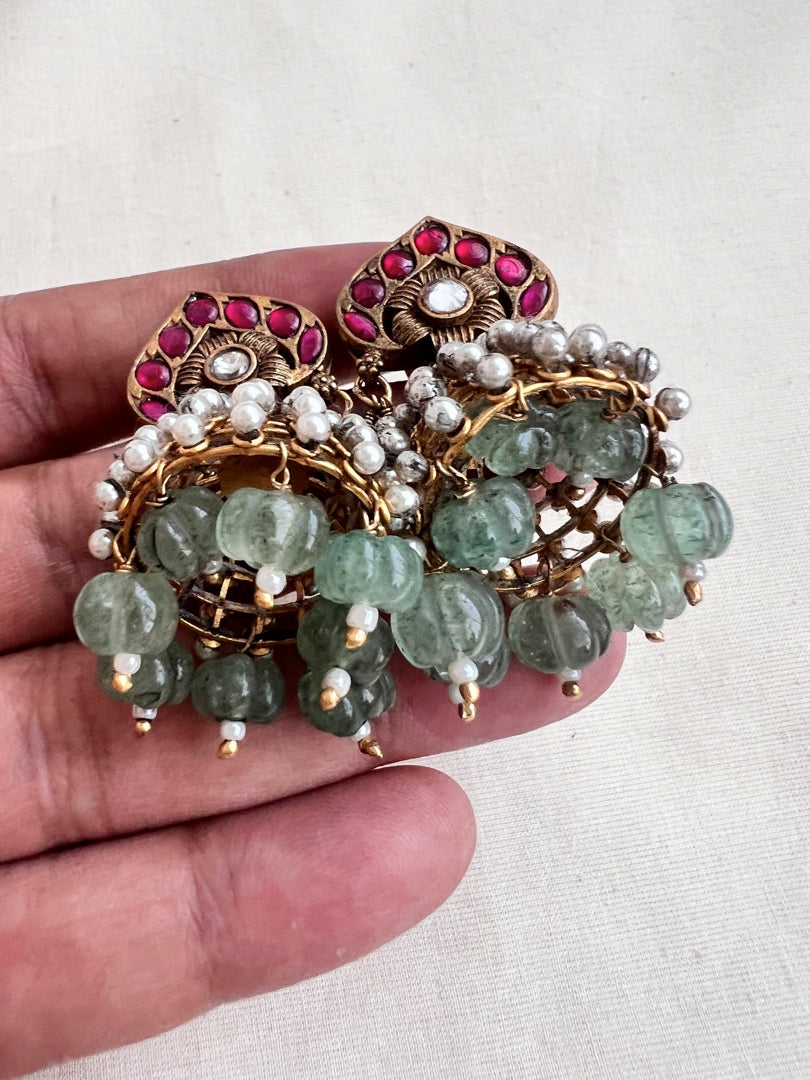 Vintage style kundan & ruby jhumkas with pearls and jade beads-Earrings-CI-House of Taamara