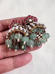 Vintage style kundan & ruby jhumkas with pearls and jade beads-Earrings-CI-House of Taamara