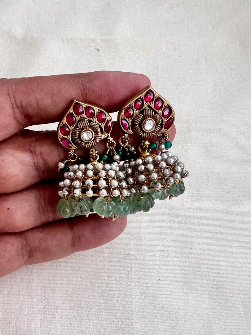 Vintage style kundan & ruby jhumkas with pearls and jade beads-Earrings-CI-House of Taamara