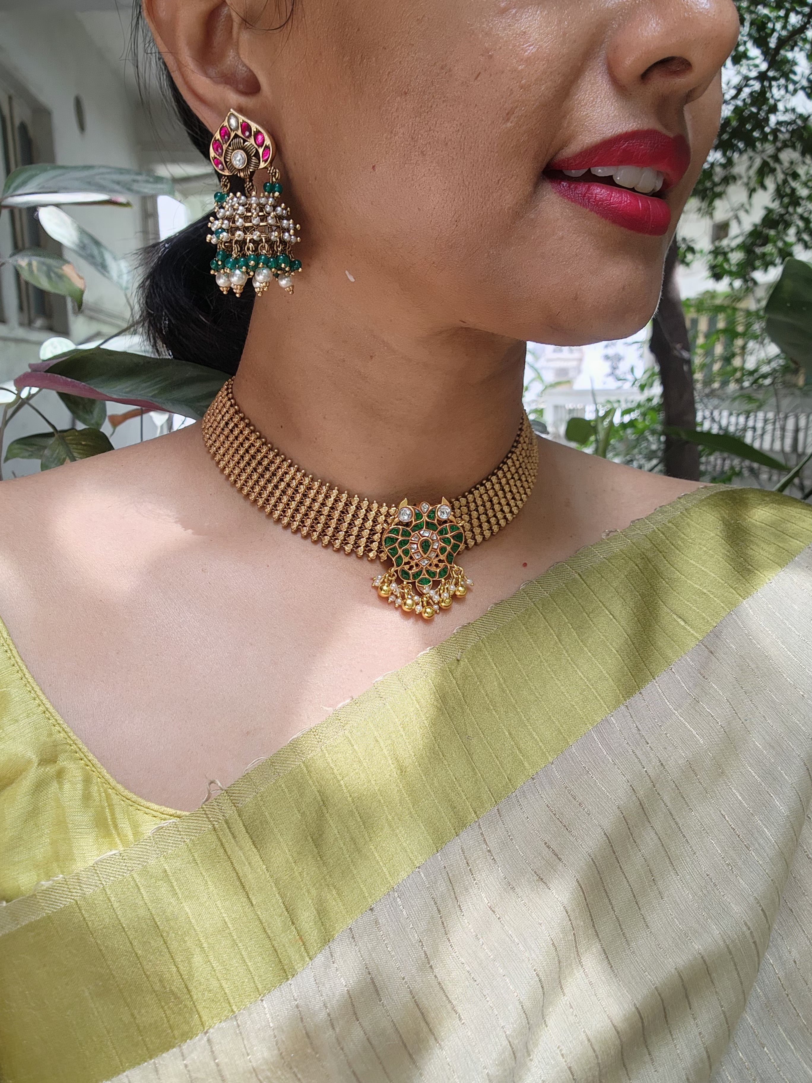 Vintage style kundan & ruby jhumkas with pearls and jade beads-Earrings-CI-House of Taamara