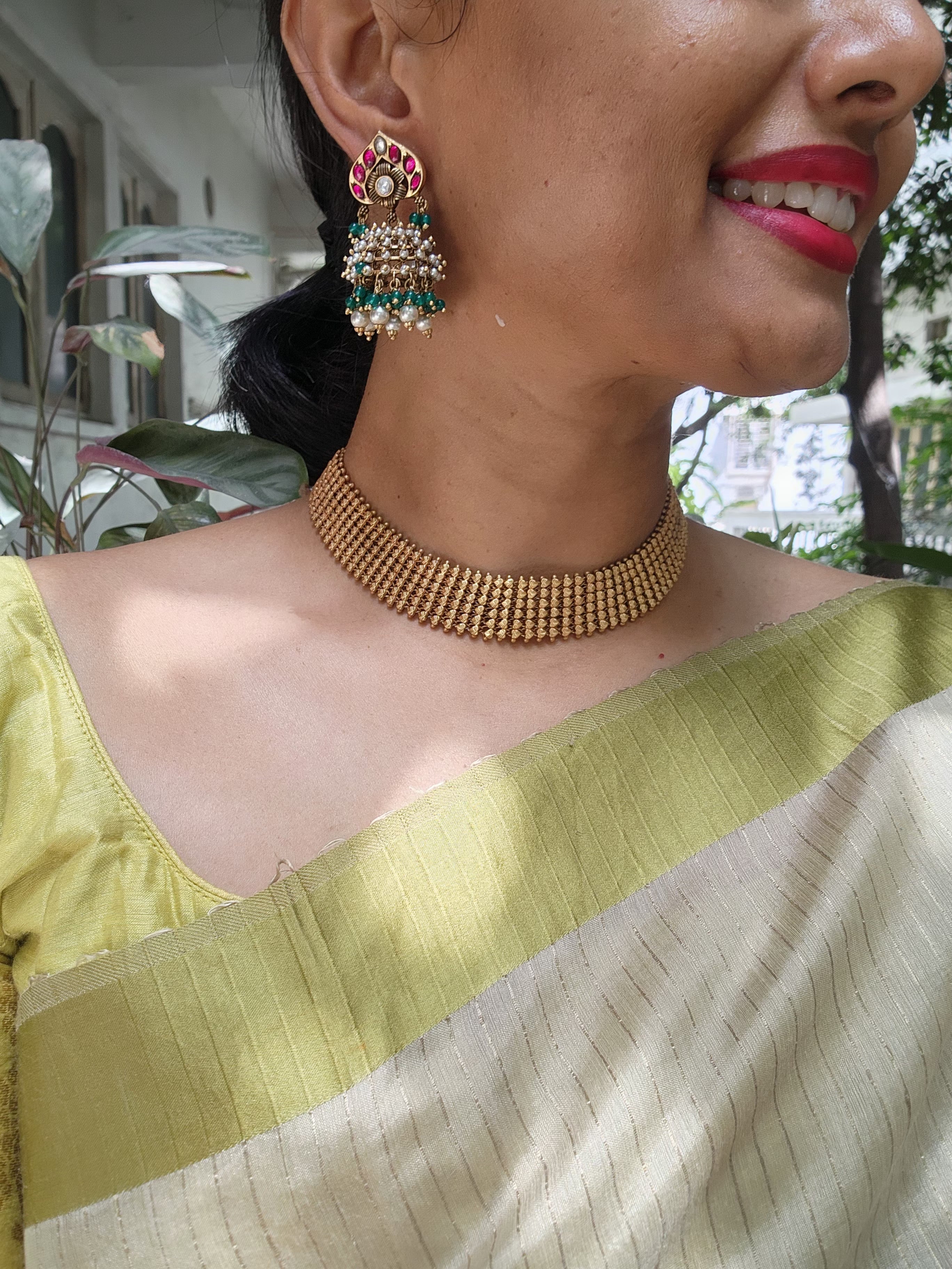 Vintage style kundan & ruby jhumkas with pearls and jade beads-Earrings-CI-House of Taamara