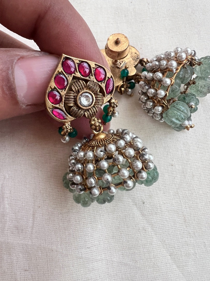 Vintage style kundan & ruby jhumkas with pearls and jade beads-Earrings-CI-House of Taamara