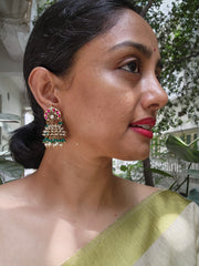 Vintage style kundan & ruby jhumkas with pearls and jade beads-Earrings-CI-House of Taamara