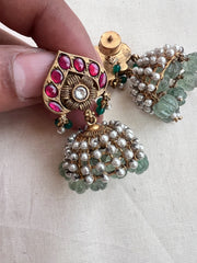 Vintage style kundan & ruby jhumkas with pearls and jade beads-Earrings-CI-House of Taamara