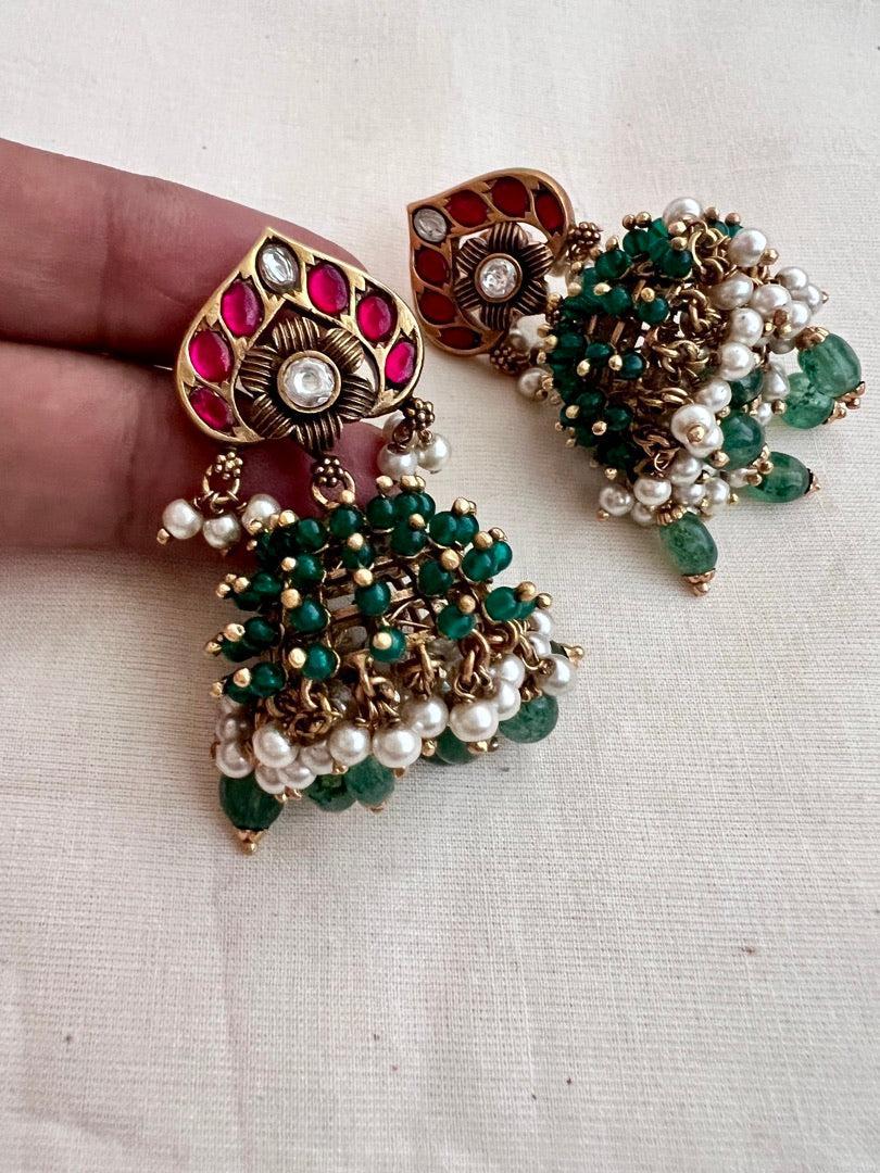 Vintage style kundan & ruby jhumkas with pearls, green onyx & jade beads-Earrings-CI-House of Taamara