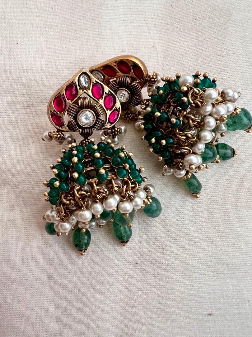 Vintage style kundan & ruby jhumkas with pearls, green onyx & jade beads-Earrings-CI-House of Taamara