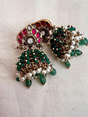 Vintage style kundan & ruby jhumkas with pearls, green onyx & jade beads-Earrings-CI-House of Taamara