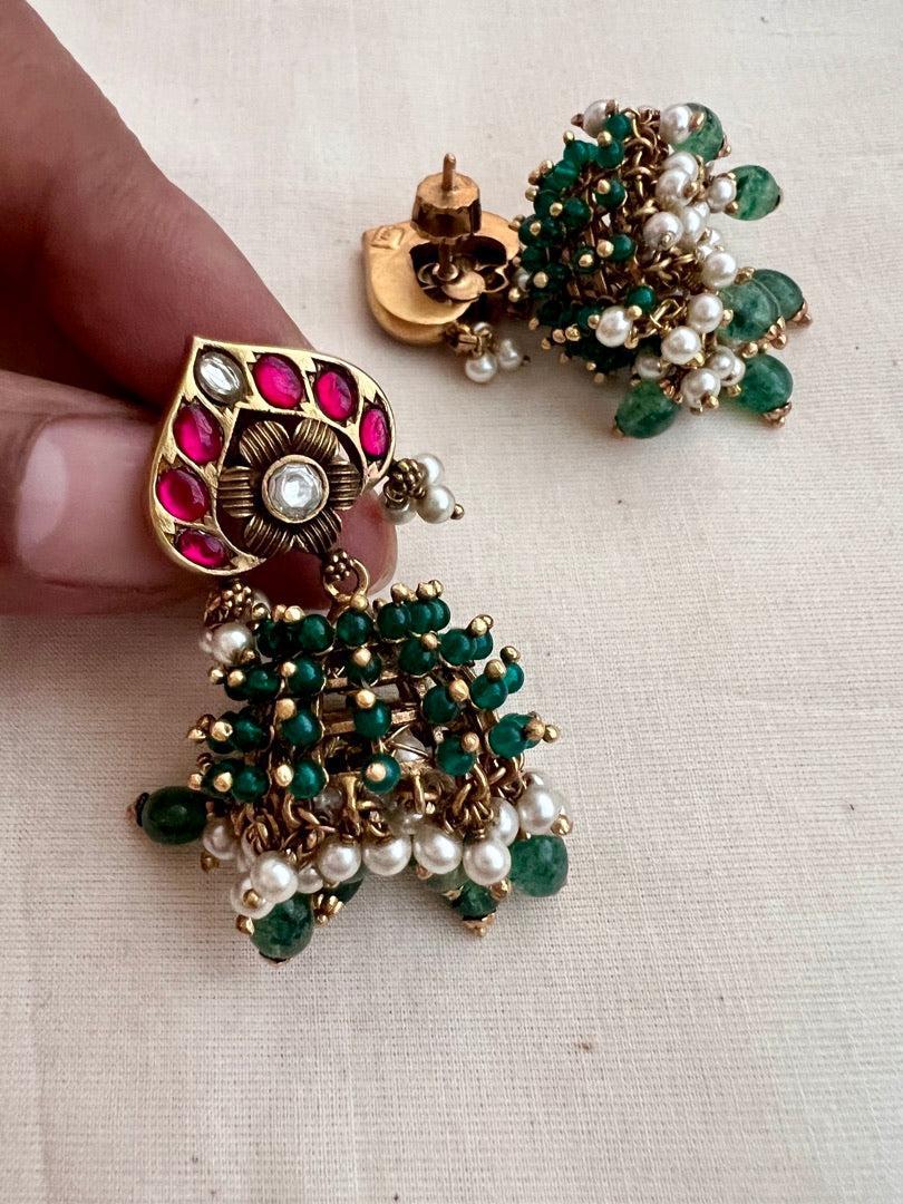 Vintage style kundan & ruby jhumkas with pearls, green onyx & jade beads-Earrings-CI-House of Taamara