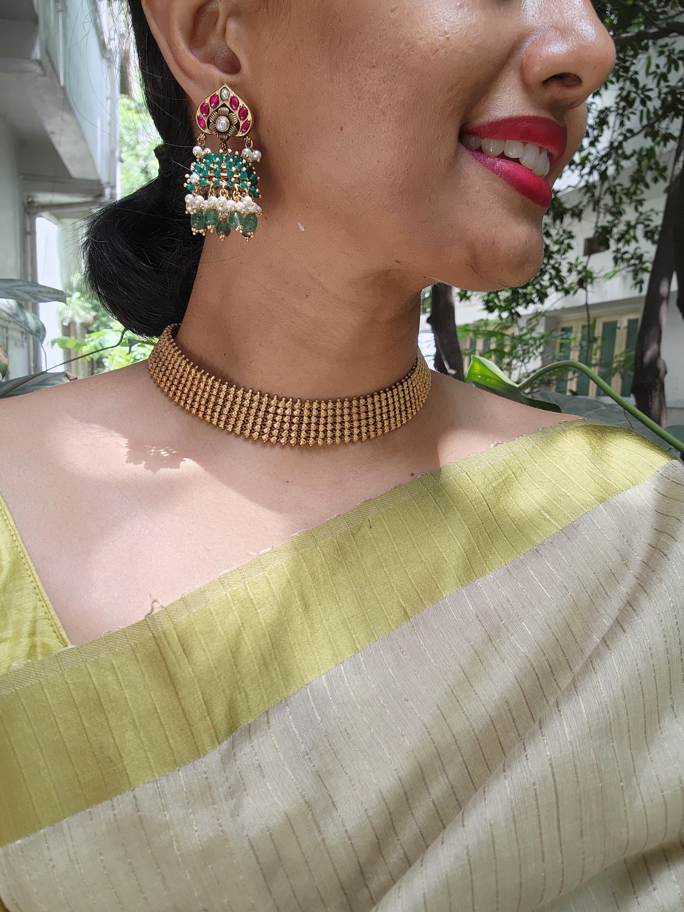 Vintage style kundan & ruby jhumkas with pearls, green onyx & jade beads-Earrings-CI-House of Taamara