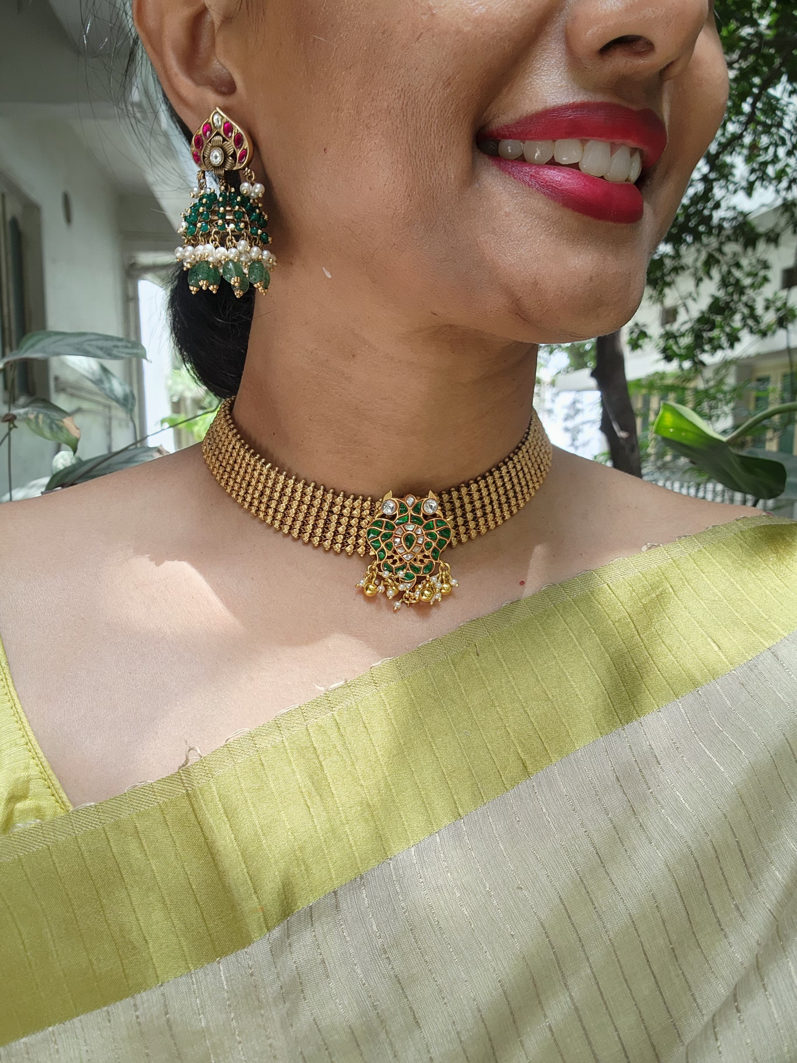 Vintage style kundan & ruby jhumkas with pearls, green onyx & jade beads-Earrings-CI-House of Taamara