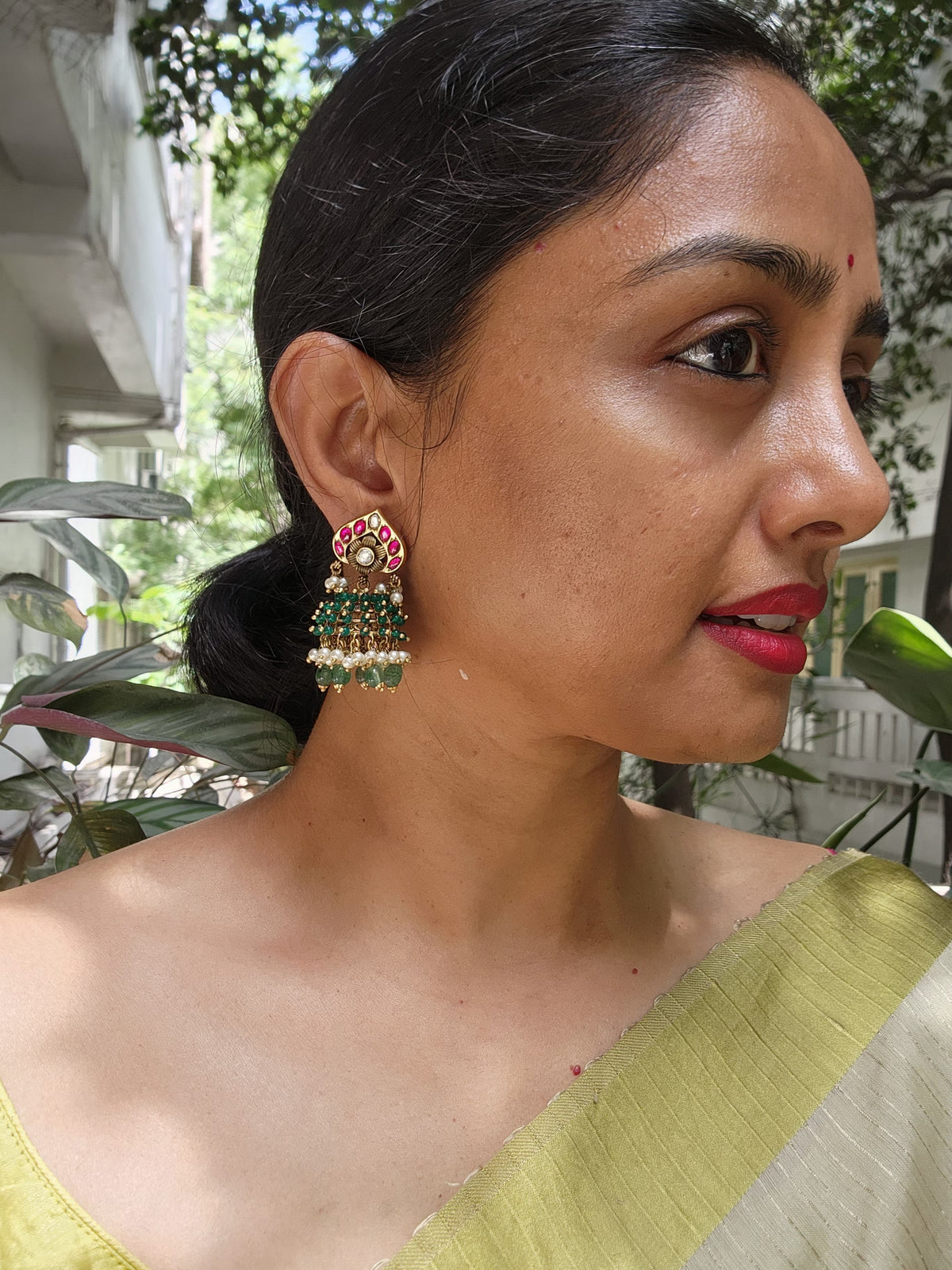Vintage style kundan & ruby jhumkas with pearls, green onyx & jade beads-Earrings-CI-House of Taamara