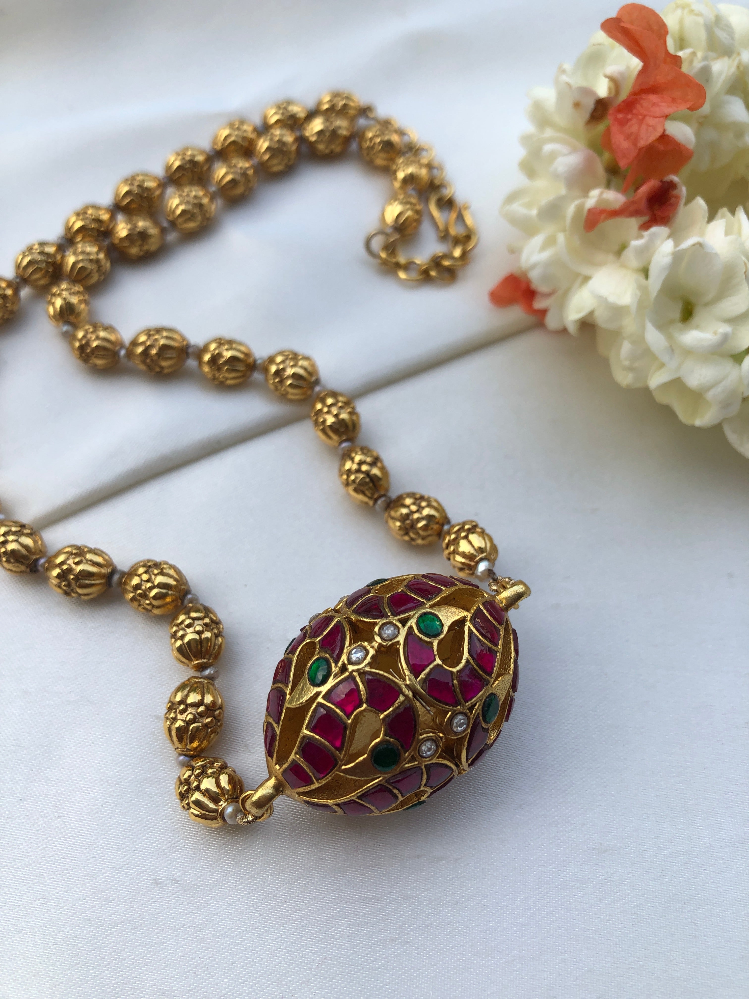 Vintage style ruby & green Dholki pendant with beads mala-Silver Neckpiece-PL-House of Taamara
