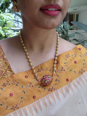 Vintage style ruby & green Dholki pendant with beads mala-Silver Neckpiece-PL-House of Taamara
