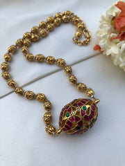 Vintage style ruby & green Dholki pendant with beads mala-Silver Neckpiece-PL-House of Taamara