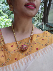 Vintage style ruby & green Dholki pendant with beads mala-Silver Neckpiece-PL-House of Taamara