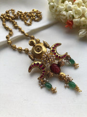 Vintage style ruby kundan chand pendant with gundu beads chain-Silver Neckpiece-pl-House of Taamara
