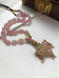 White agate with intricate kundan and rose quartz carved leaf beads mala-Silver Neckpiece-PL-House of Taamara