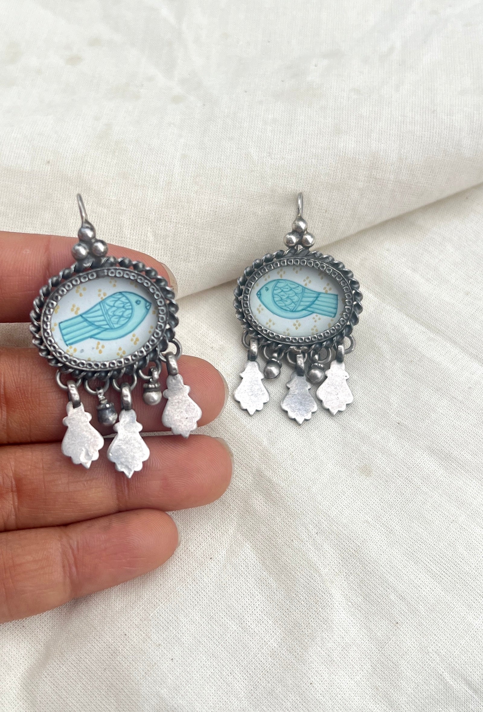 White bird in blue oval-Silver earrings-EZ-House of Taamara