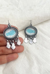 White bird in blue oval-Silver earrings-EZ-House of Taamara