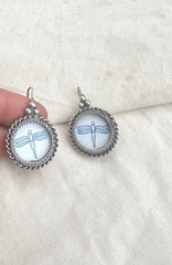 White circle with dragonfly-Silver earrings-EZ-House of Taamara