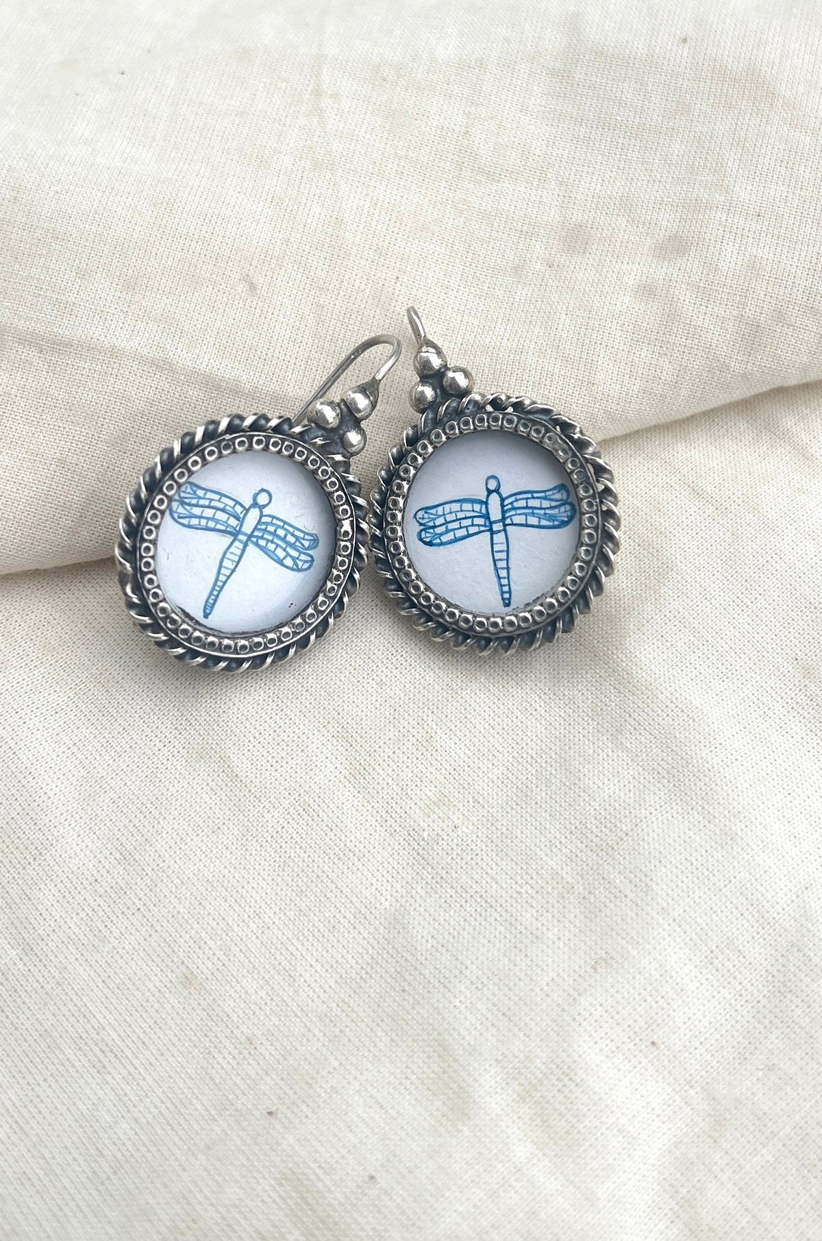 White circle with dragonfly-Silver earrings-EZ-House of Taamara