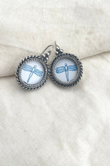 White circle with dragonfly-Silver earrings-EZ-House of Taamara