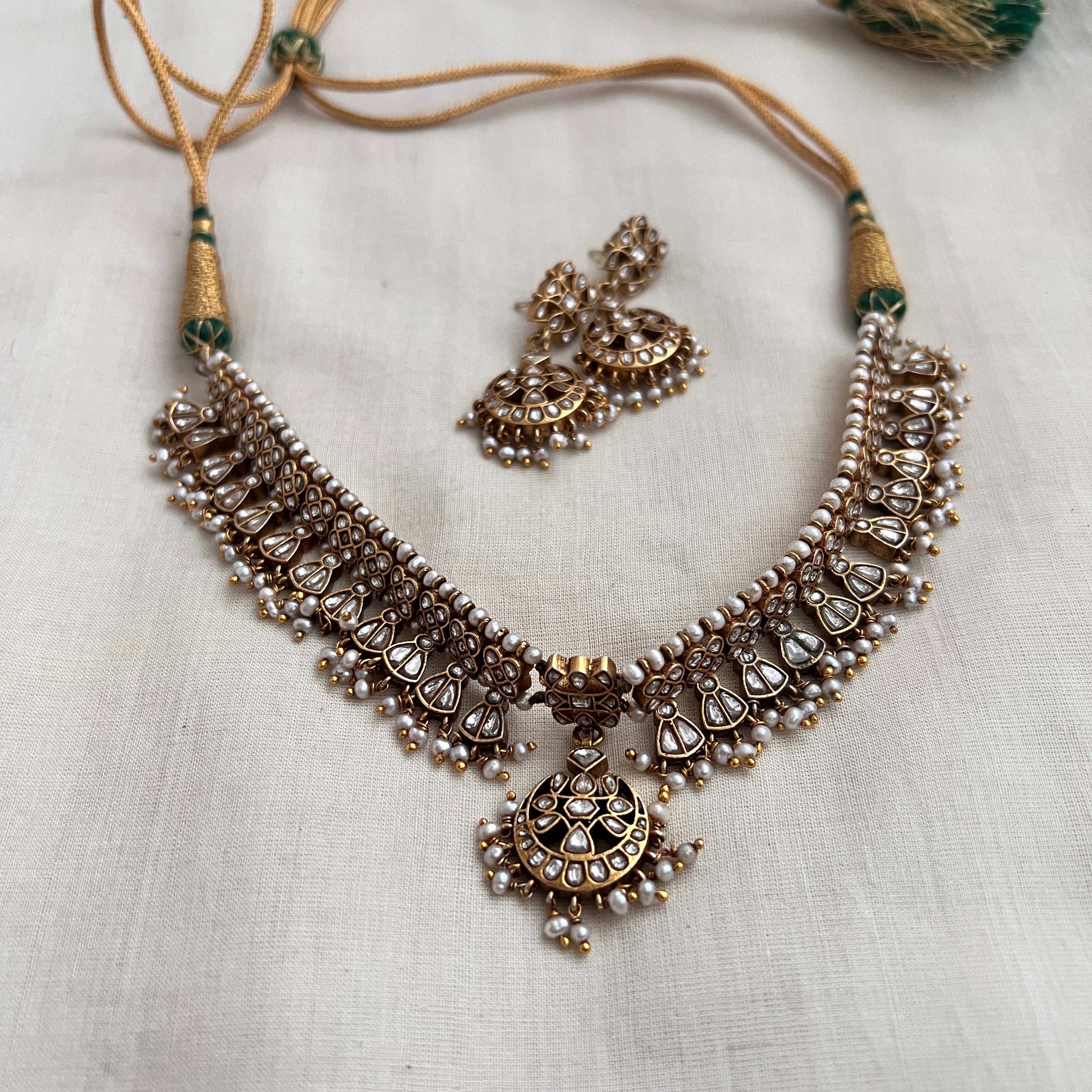 White kundan maatapatti with earrings, SET-Silver Neckpiece-PL-House of Taamara
