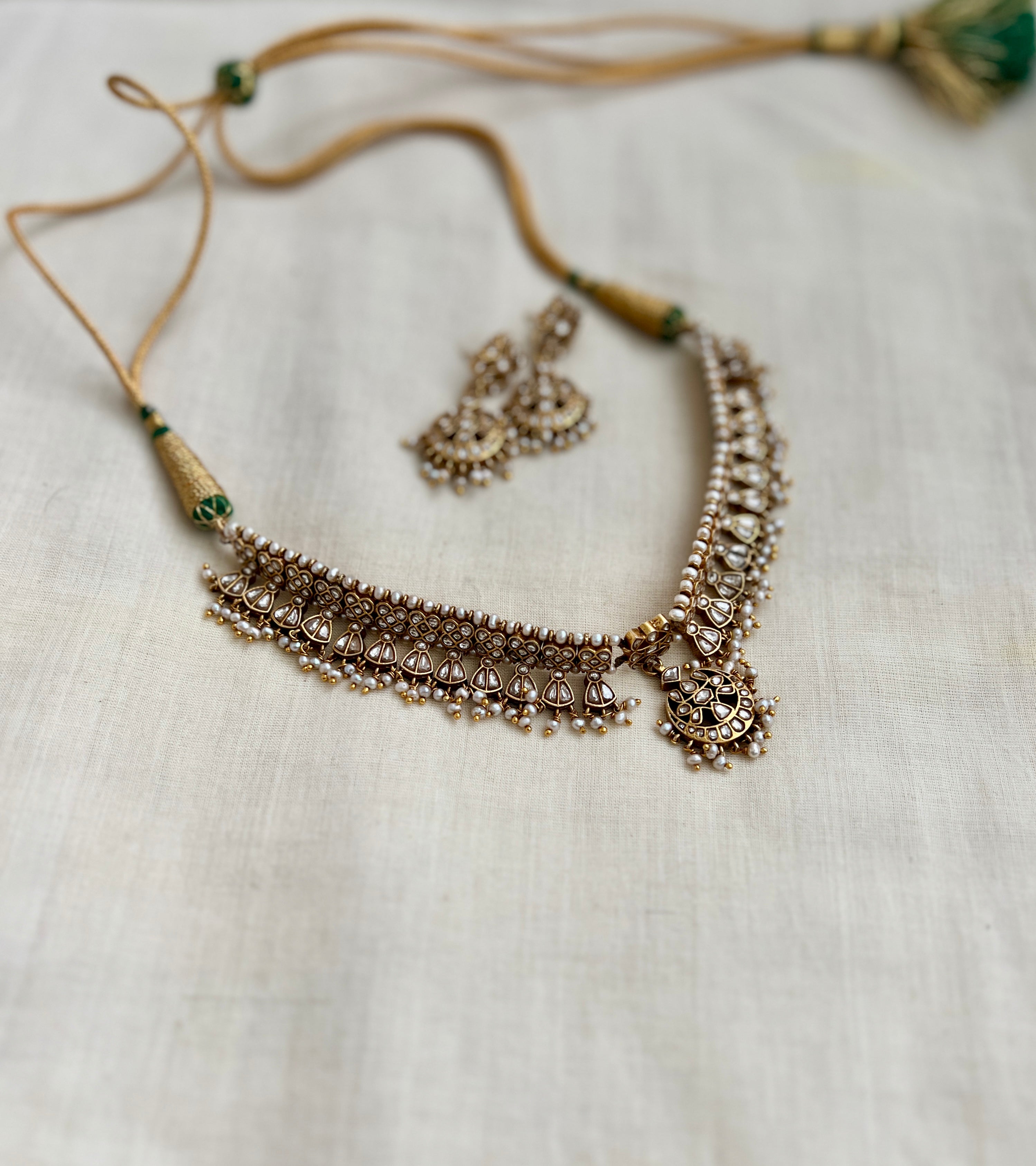 White kundan maatapatti with earrings, SET-Silver Neckpiece-PL-House of Taamara
