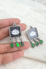 White lotus in black square with 3 green drops-Silver earrings-EZ-House of Taamara